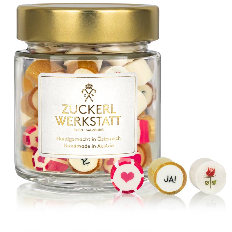 Hochzeitszuckerl Classic im Glas mit goldenem Deckel