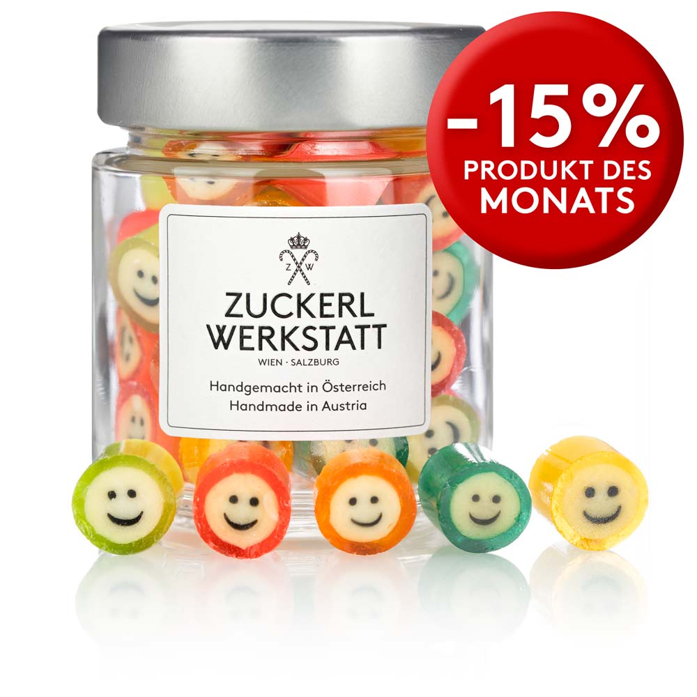 Handgemachte Bonbons der Zuckerlwerkstatt mit einem Smiley Gesicht darauf